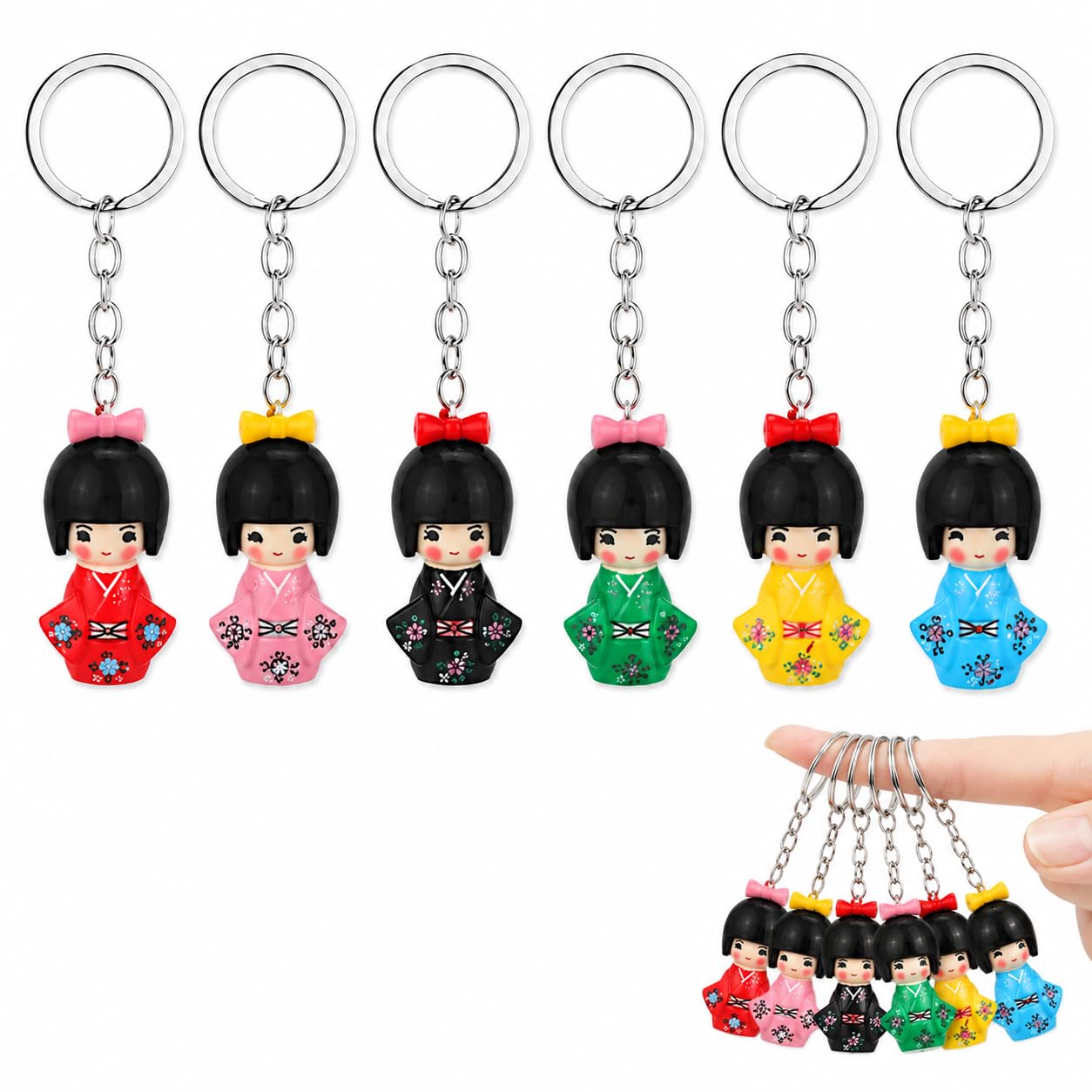 Gadpiparty 6pcs Traditional Japanese Kimono Kokeshi Doll Keychains