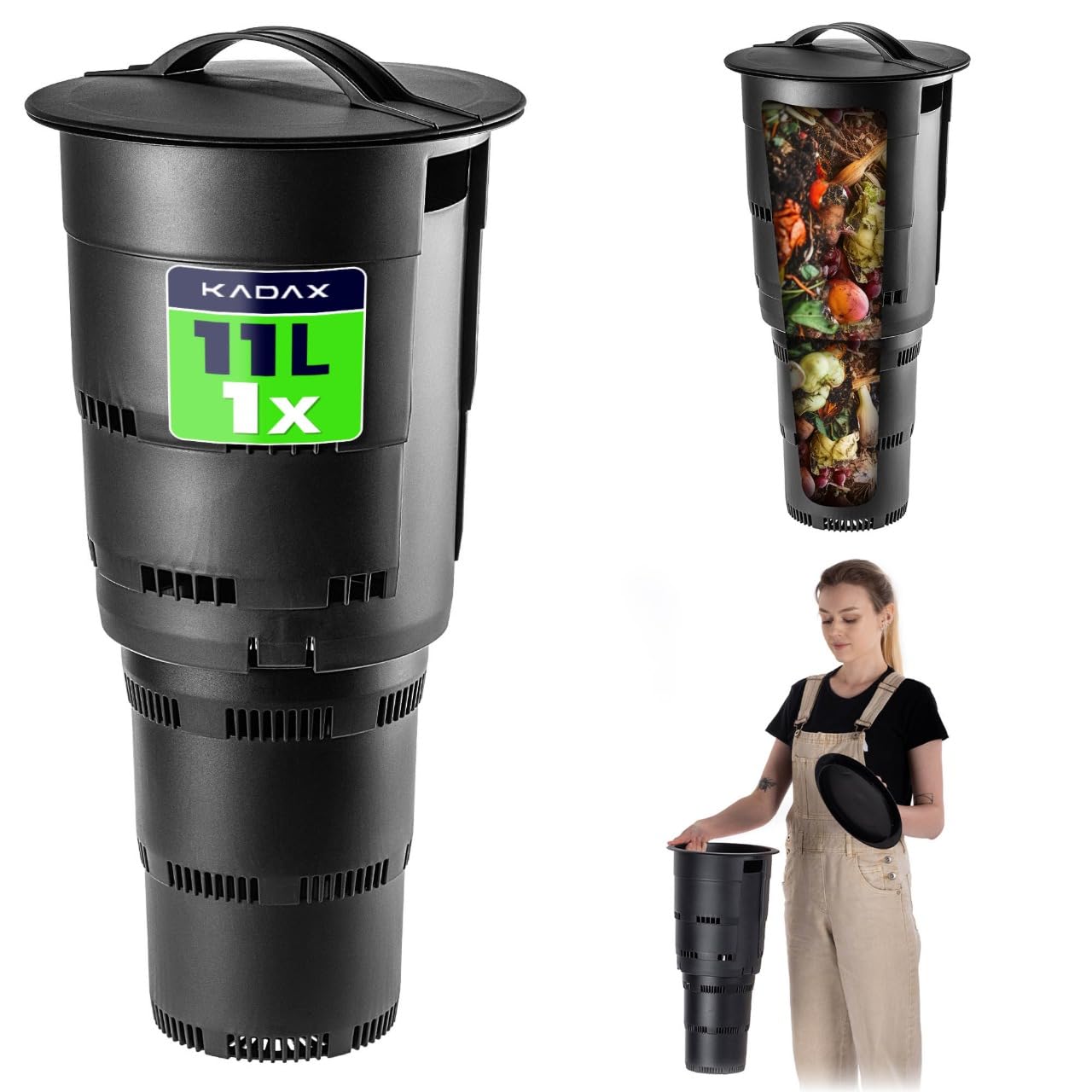 KADAX Kompostiera Interrata da Giardino in Plastica - Nero - da Interrare per Compostaggio Invisibile - aerazione con Fori e Coperchio con Maniglia Antiodore senza Insetti