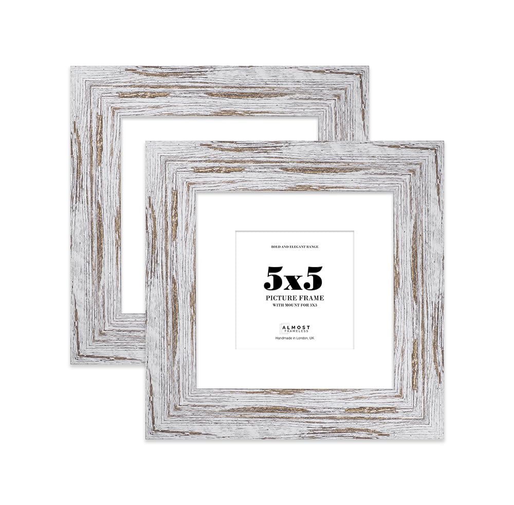 5x5" Distressed Wood Square Frame With Mount for 3x3" Pictures 28mm Edge Frame Display with Wall Hooks and Kickstand, 2 Pack