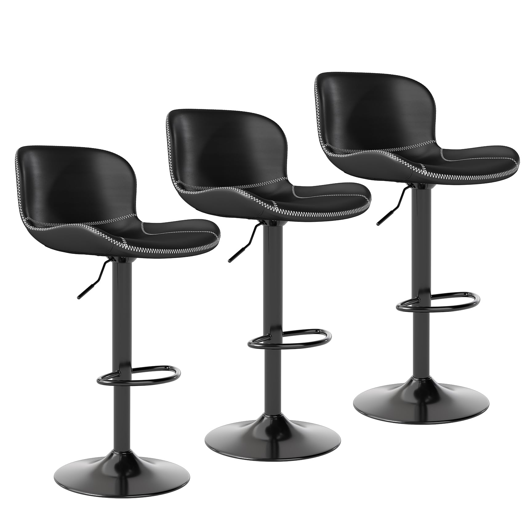 Youhauchair Bar Stools Set of 3, PU Leather Counter Height Barstools with Back, Height Adjustable Swivel Bar Chairs, Modern Armless Kitchen Island Stool, Black