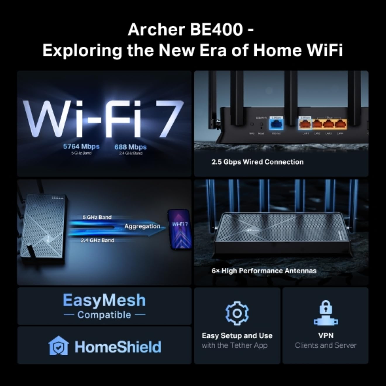 TP-Link Archer BE400 - Router WiFi 7 Doble Banda 6500Mbps, 2.5G WAN/LAN, Cobertura Maxima 6 Antenas Externas con Tecnología MLO, EasyMesh, Beamforming, Control App