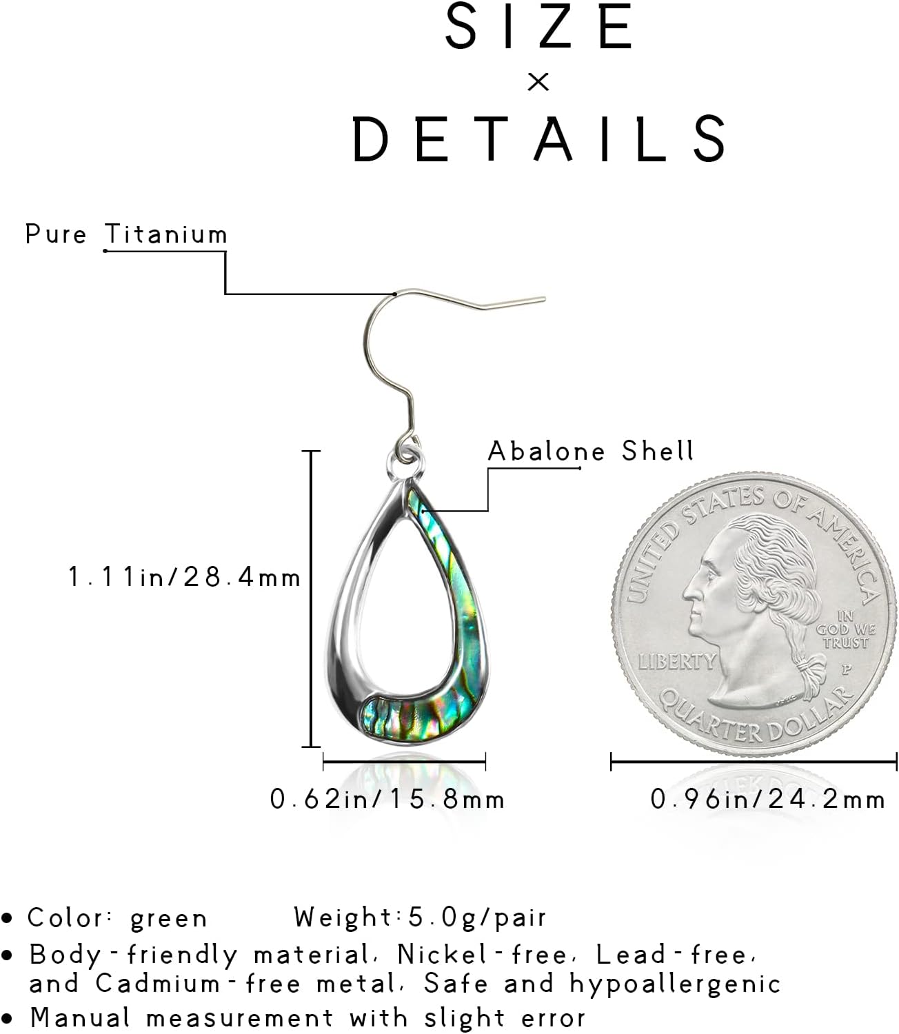 Titanium Abalone Shell/Wood Teardrop Dangle Earrings Colorful, Heart/Round/Rhombus/Rectangular/Teardrop Drop Earrings, Pure Titanium Hook Hypoallergenic Earrings for Women Girls Sensitive Ear