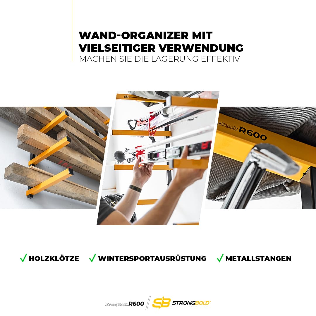 StrongRack R600 Schwerlastregal ⏐ Aufbewahrung Regal und Garage Organizer mit 6 Ebenen ⏐ Wandhalterung Regal für Ski und Gartengeräte Organizer