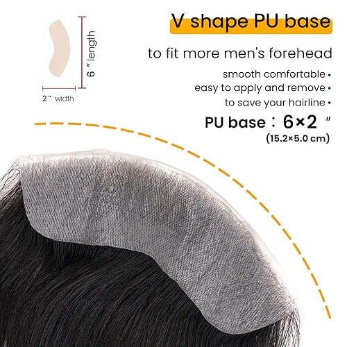 Miniatura 2 de Lordhair Toupee para hombres - Sistema de cabello humano - Línea capilar natural en forma de V - 6 x 2 pulgadas - Negro azabache 1#