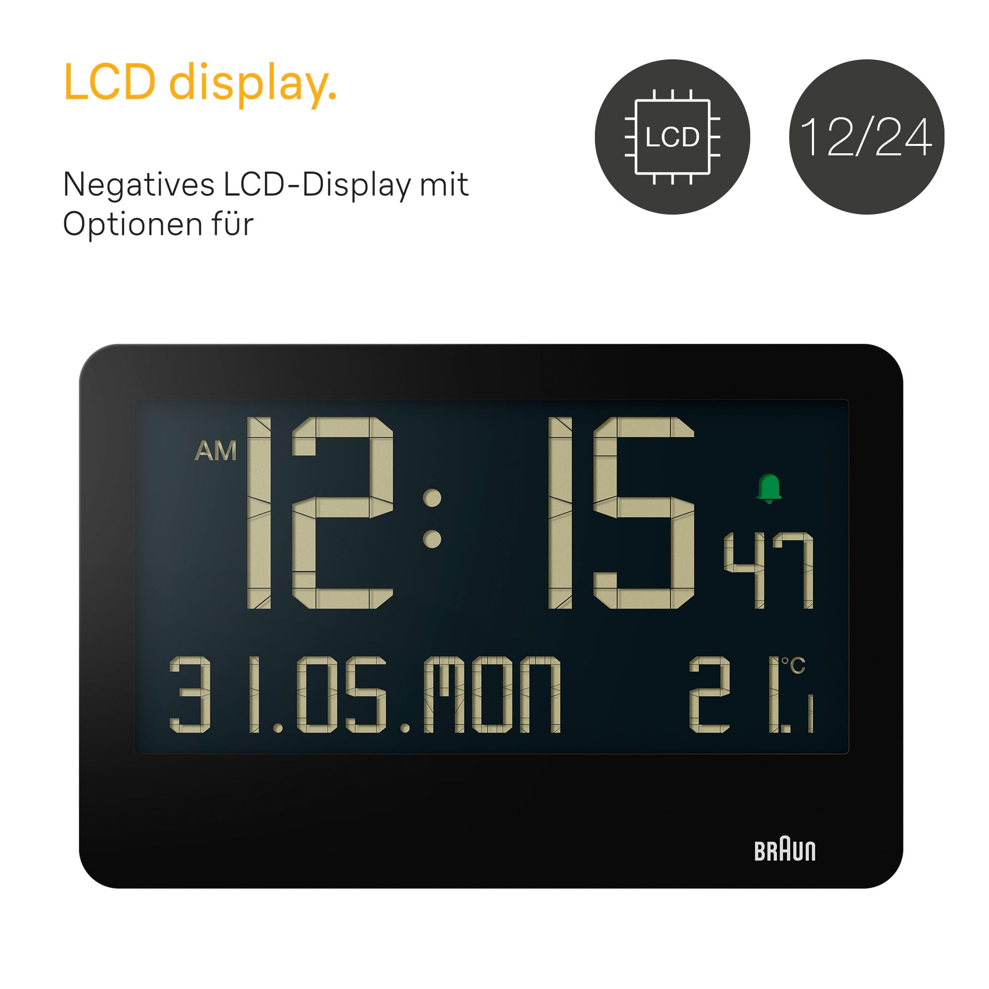 Braun Digitale Wanduhr mit Innentemperatur, Datum, Wochentag, großem umgekehrtem LCD-Display, Schnelleinstellung, Piepton-Alarm in Schwarz, Modell BC14B.