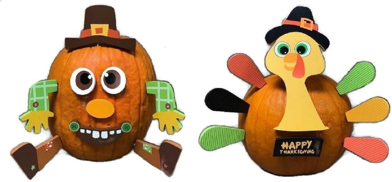 American Oak Pumpkin Decor Kit Push in No Carving for Fall Halloween Thanksgiving 2pk (Scarecrow / Turkey)