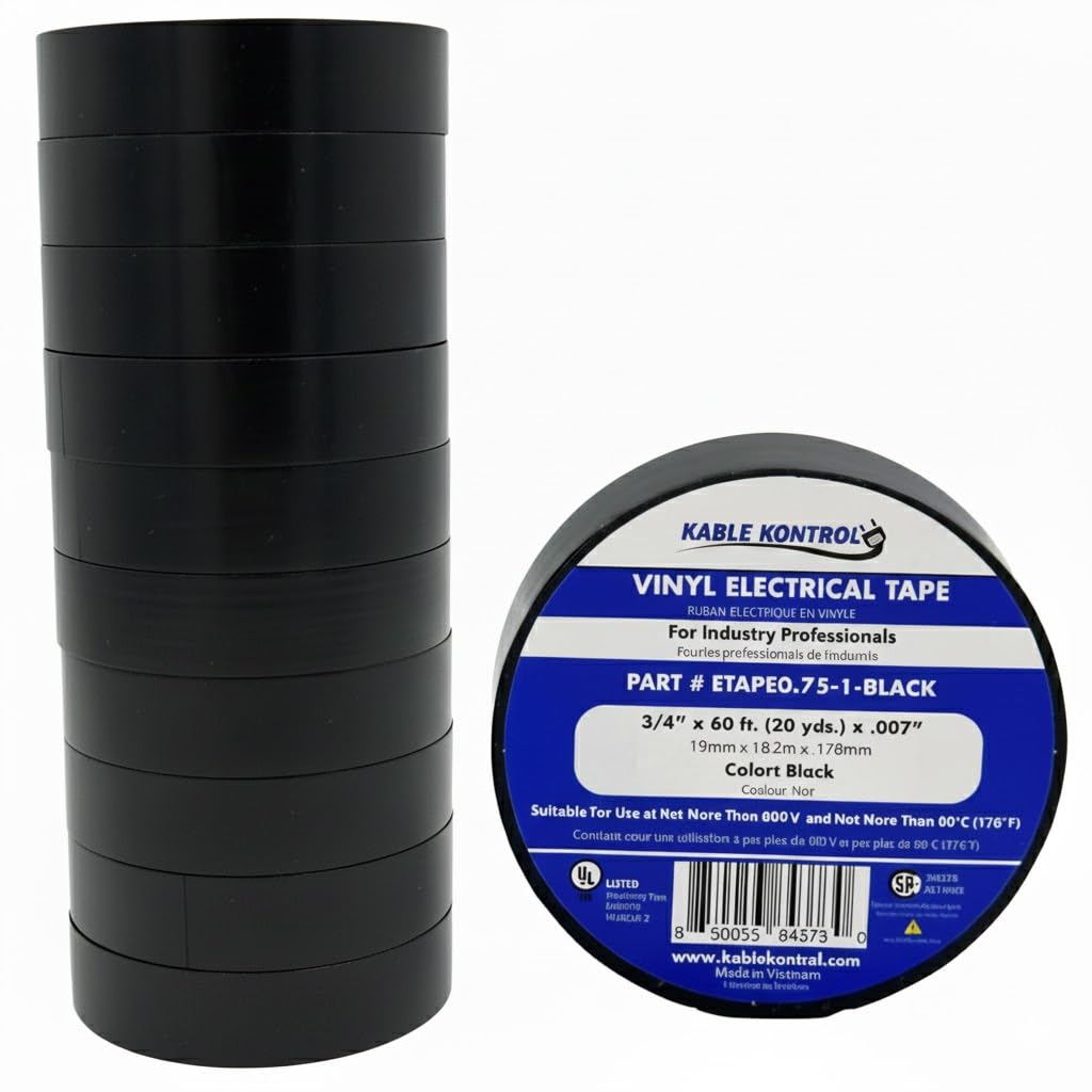 KABLE KONTROL Professional Electrical Tape - 60 Feet Length x 3/4 Inch Wide - 10 Pcs – Black - 7 Mil Thick, Flame Retardant, High Temp Resistant, UL
