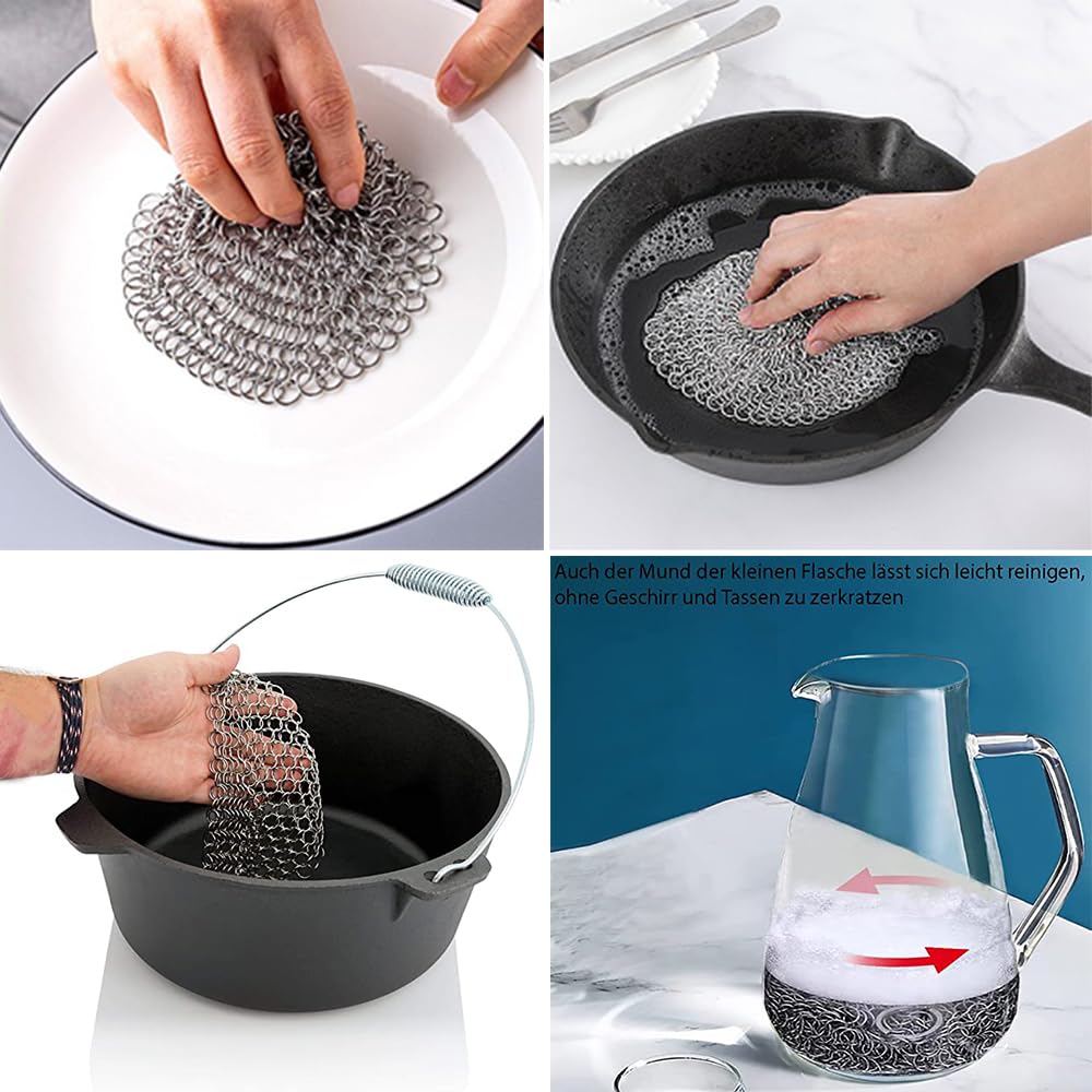 Ringreiniger Dutch Oven, Gusseisen Reiniger, Grill Bürste Reinigungsset, 316 Edelstahl Kettenschrubber, Topfreiniger mit Schaber, BBQ Dutch Oven Zubehör für Gusseisen Pfannen, Töpfe, Grillpfannen,Woks