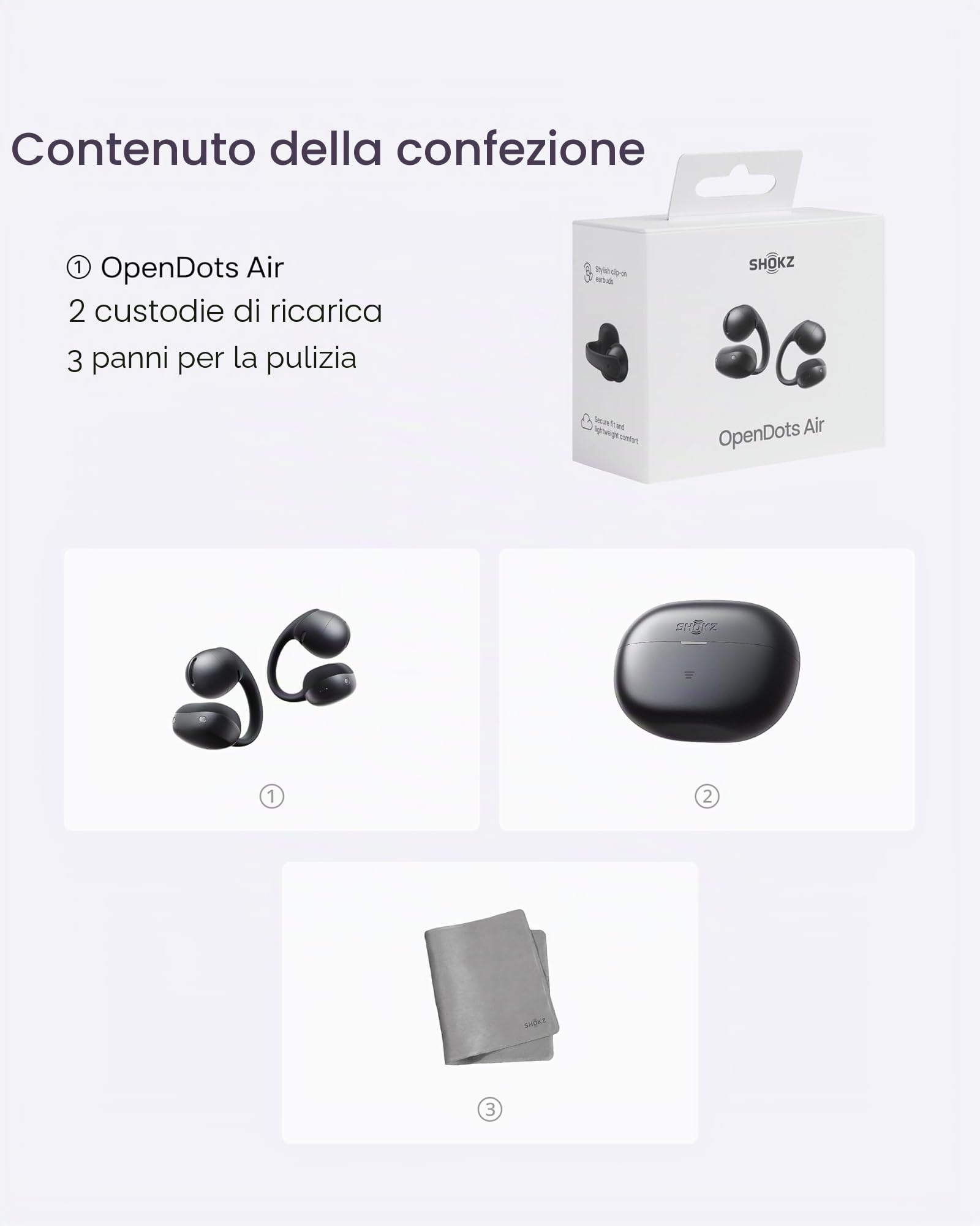SHOKZ OpenDots Air cuffie open-ear clip-on, ultraleggere 6,3 g - Nero | bassi profondi, vestibilità sicura, 36 h di riproduzione, Bluetooth 6.1, riduzione rumore AI, IP55