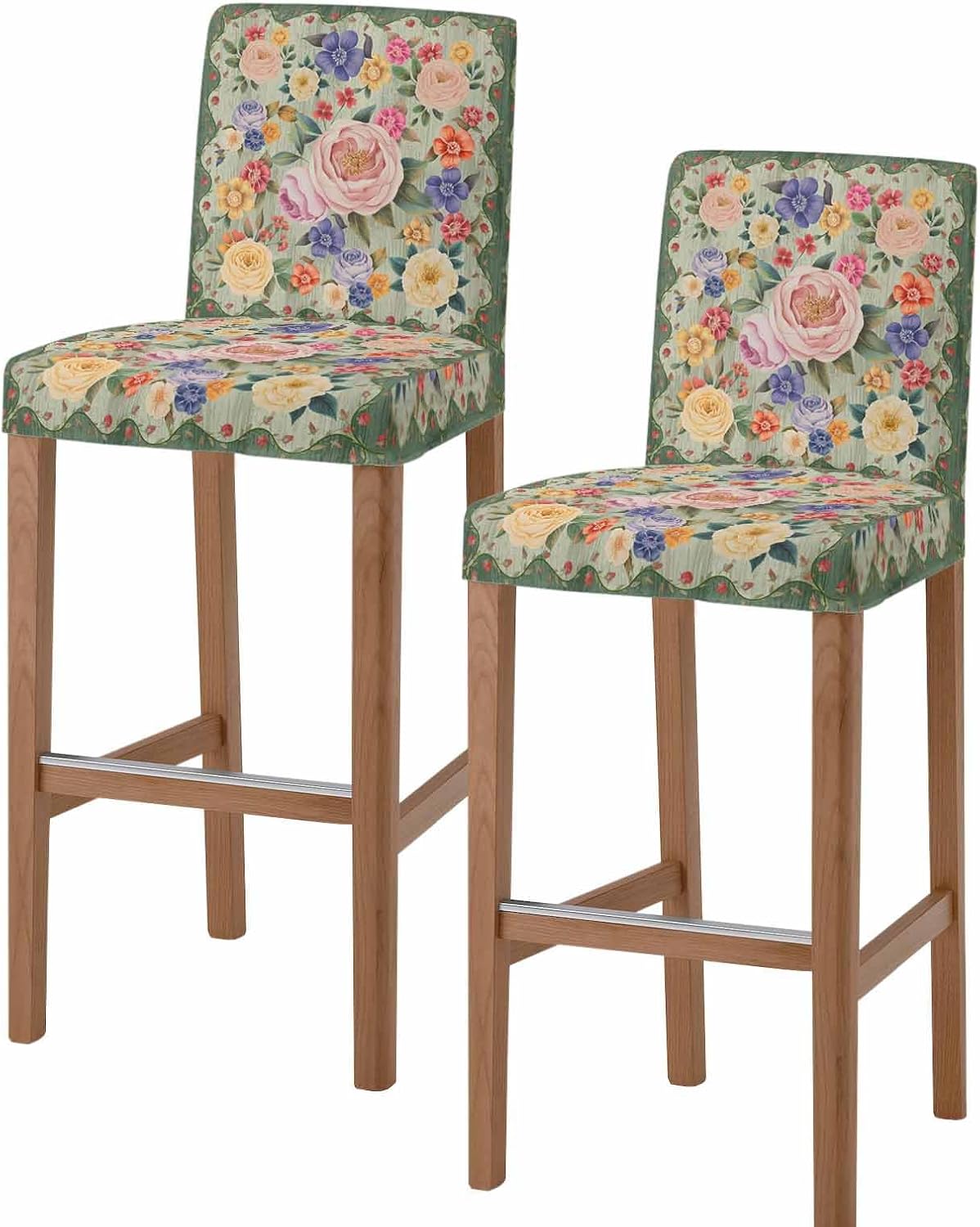 Stretch Bar Stool Chair Seat Covers Set of 4, Green Boho Flower Washable Chair Covers Stool Cover, Spring Watercolor Country Floral Plant Dining Chairs Cushion Slipcovers for Kitchen Pub Cafe