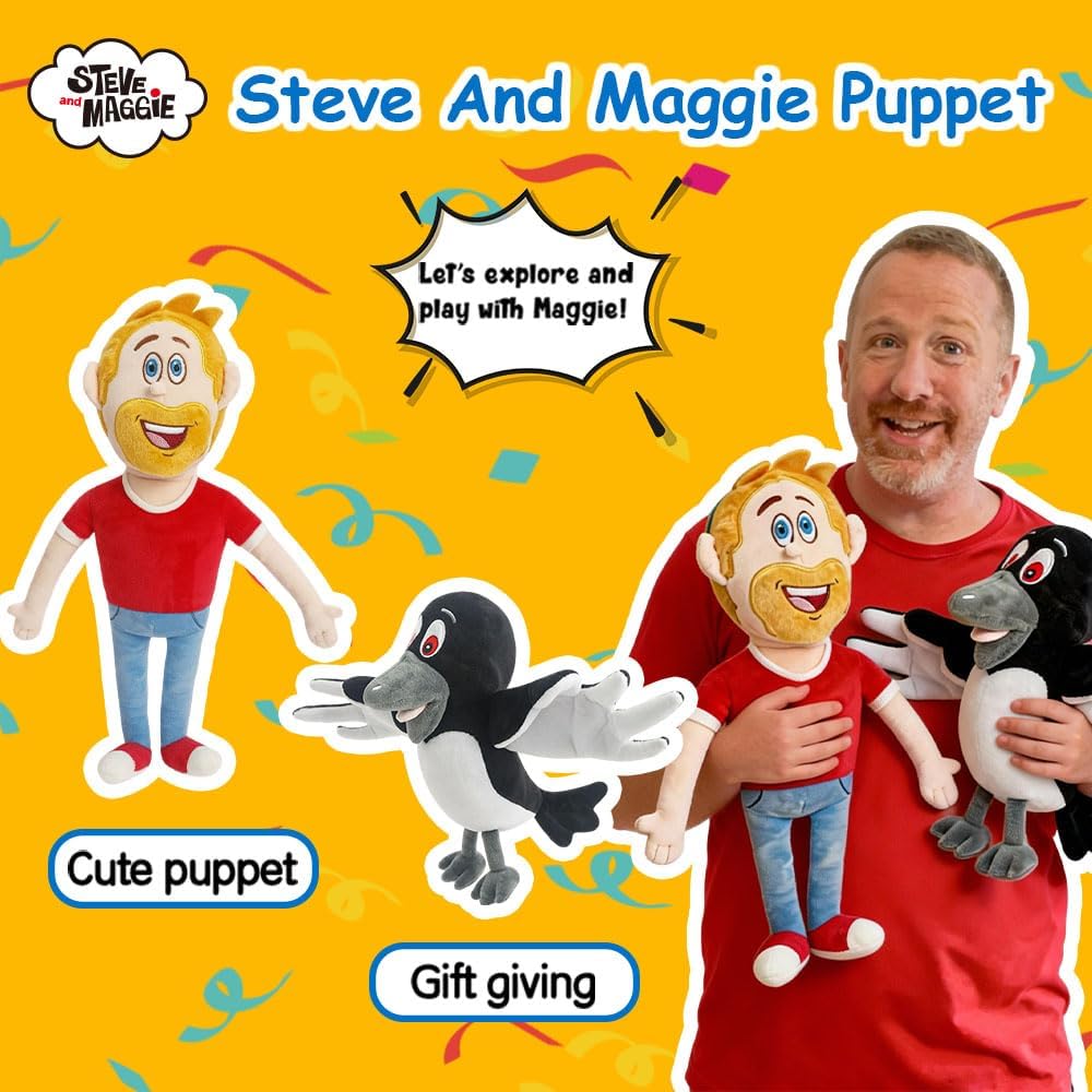 Steve and Maggie Plush Toys, Puppet Set for Children 1 Year and Up, Soft Bird and Character Puppets, Interactive Learning Toy for Dress-Up, Nursery Rhymes, and Bedtime Stories (2-in-1)