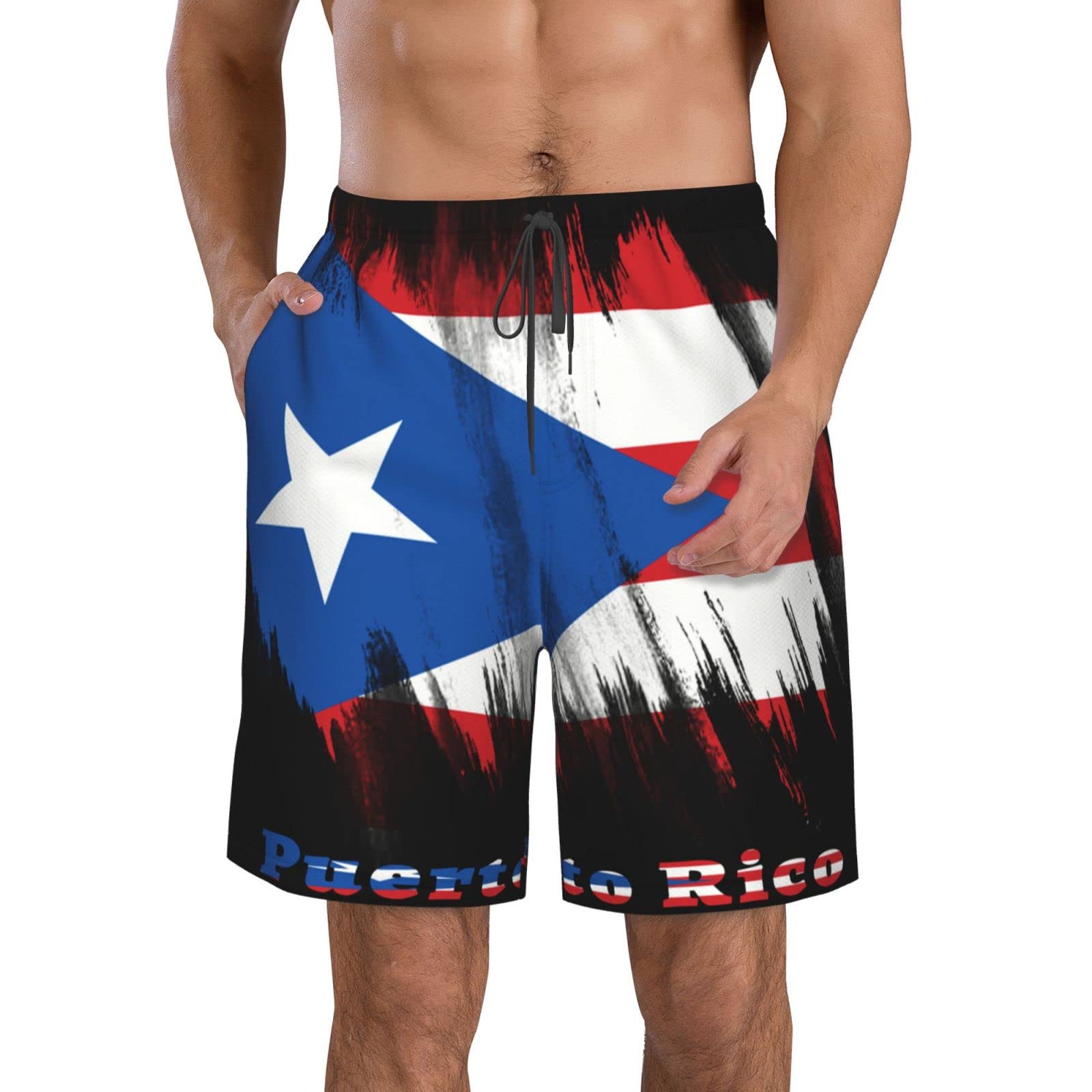 Puerto Rico Flag Puerto Rican Men's Beach Shorts Quick Dry Drawstring Running Athletic Shorts Comfortable Loose Gym Shorts Swimsuit Pants with Pockets for Summer Large White