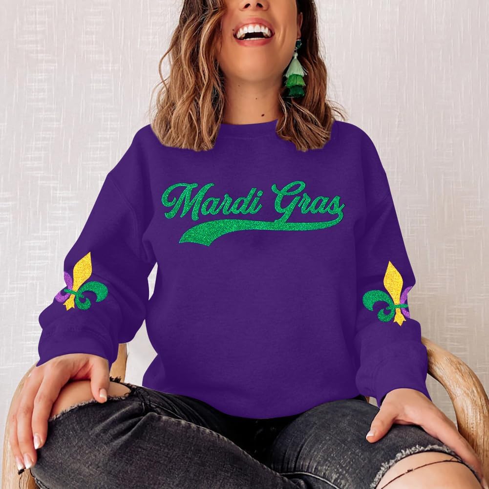 ASTANFY Mardi Gras Sweatshirt Women New Orleans Mardi Gras Party Shirts Funny Carnival Sweatshirt Mardi Gras Print Pullovers