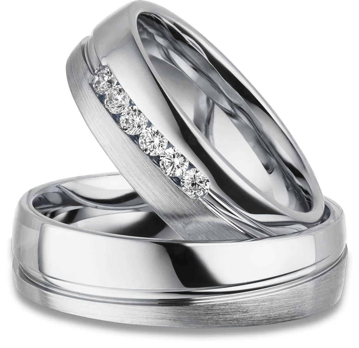 Kolibri Rings Partnerringe, Eheringe in Silber 925 rhodiniert Paarpreis | 6 Zirkonia Steine in Kanalfassung, Längsmatt mit Glanzfuge + Gravur + Etui - Made in Germany