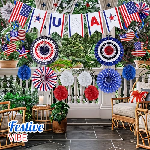 Image of 4E's Novelty 24 Pcs Patriotic Hanging Decorations, 6 Pcs Hanging Patriotic Banner Paper Fans Red White Blue Decor with Star Streamer, American Independence Day Sign with USA Flag Indoor Outdoor Decor
