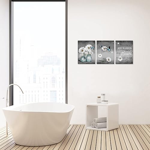 Miniatura 3 de Biuteawal 3 piezas de arte de pared de margaritas, pintura de flores y mariposas, citas inspiradoras, lienzo impreso, cuadro de arte floral