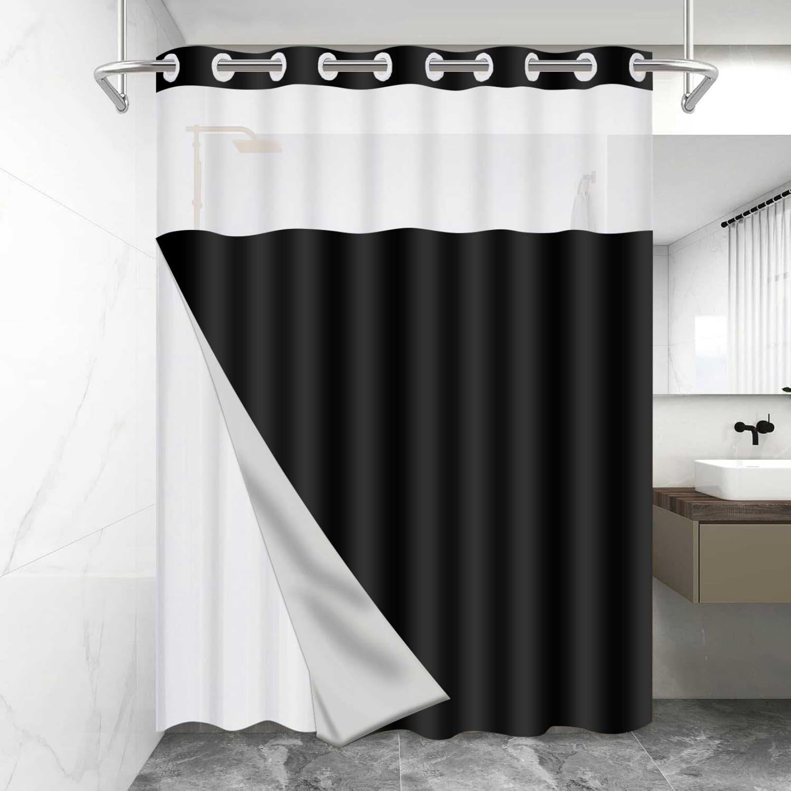 Cortina de ducha negra sin gancho con forro a presión, diseño moderno estilo hotel con ventana superior transparente, cortina de baño de doble capa, resistente al agua, lavable a máquina, 54 x