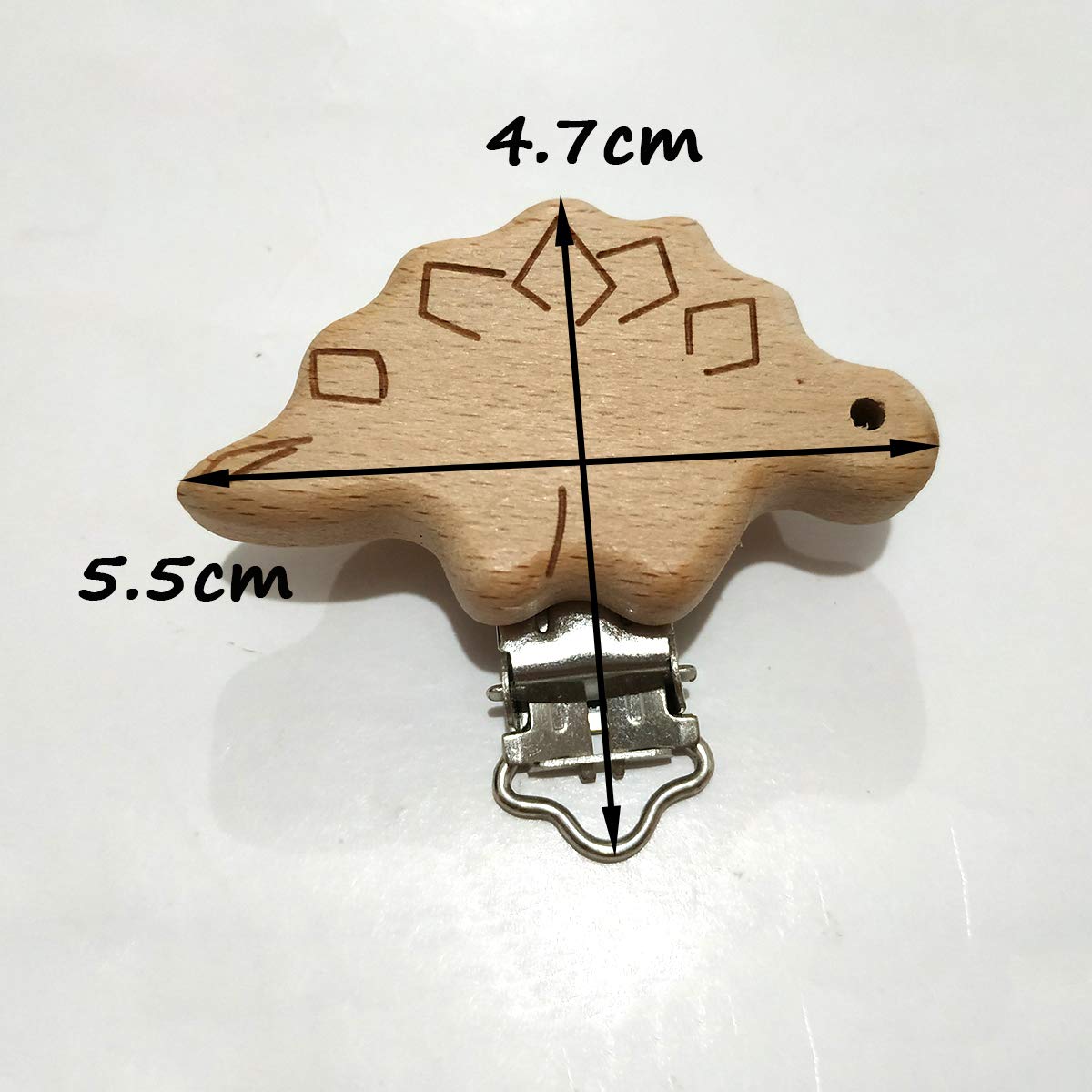 Arakierst 20pcs Natural Wood Suspender Pacifier Clips Cute Beech Wooden Animal Stegosaurus Shape Clips DIY Beading Pacifier Chain Accessory