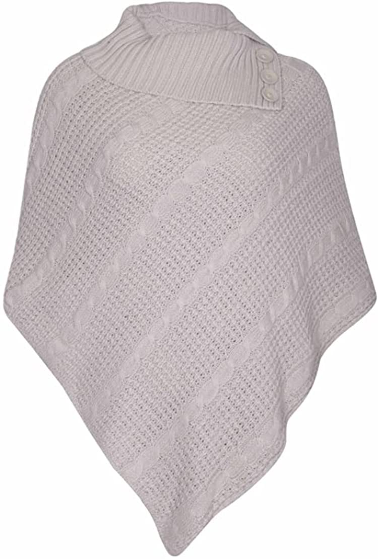 Womens Check Printed Ladies Stretch Knitted Collared Cape Wrap Shawl Jumper Poncho Top (Plain Stone)