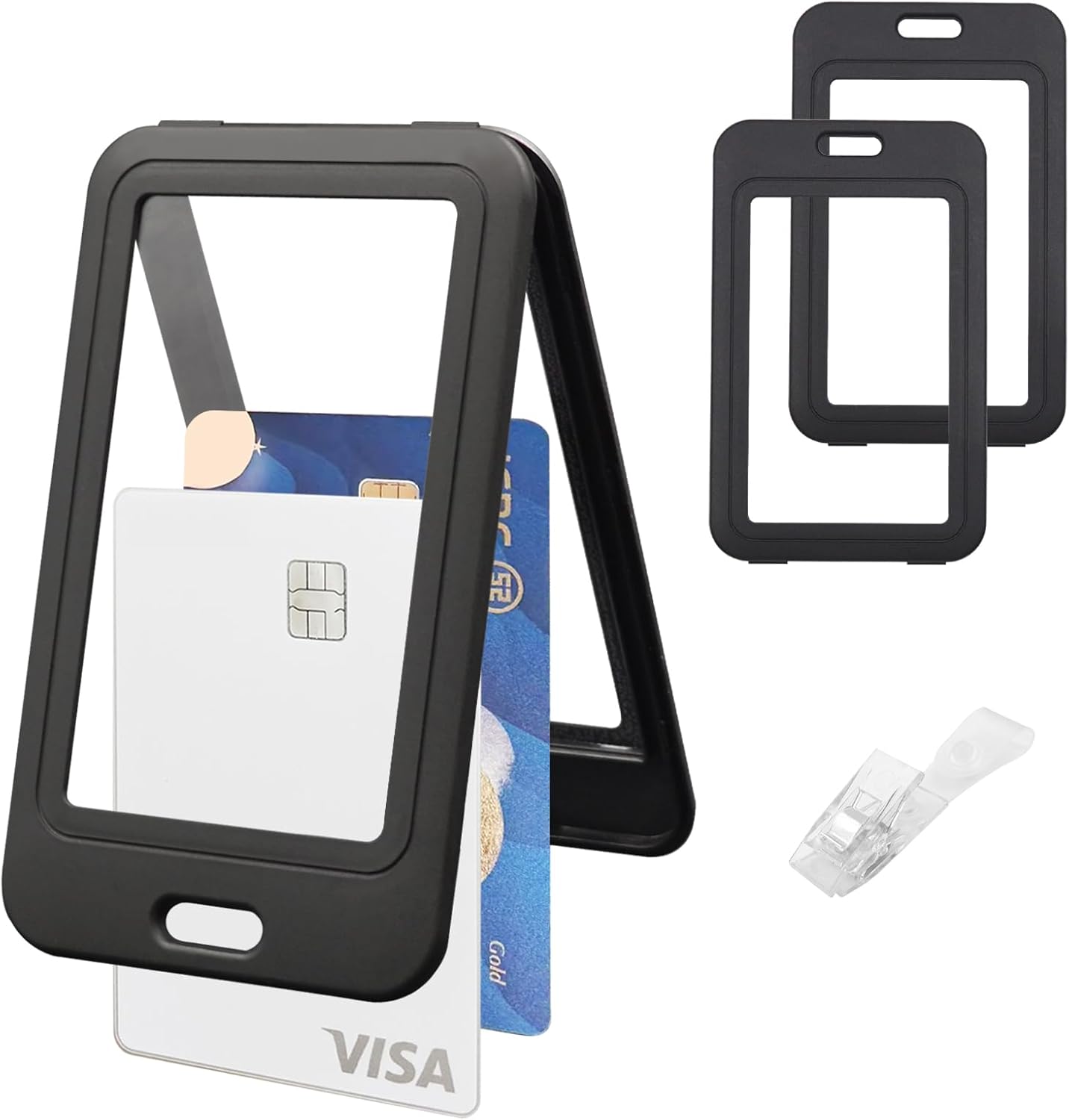 ID Badge Holder with Plastic Clip, Double-Sided Transparent Windows Vertical Hard Black Plastic Case Waterproof Card Holder for Office School ID Credit Cards Exhibition Cards Passes,3pack