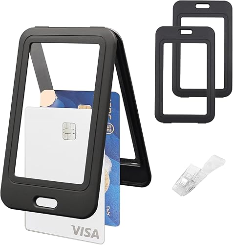 BOKOVNGEE Portatarjetas de identificación con clip de plástico, ventanas transparentes verticales de doble cara, estuche de plástico negro duro,