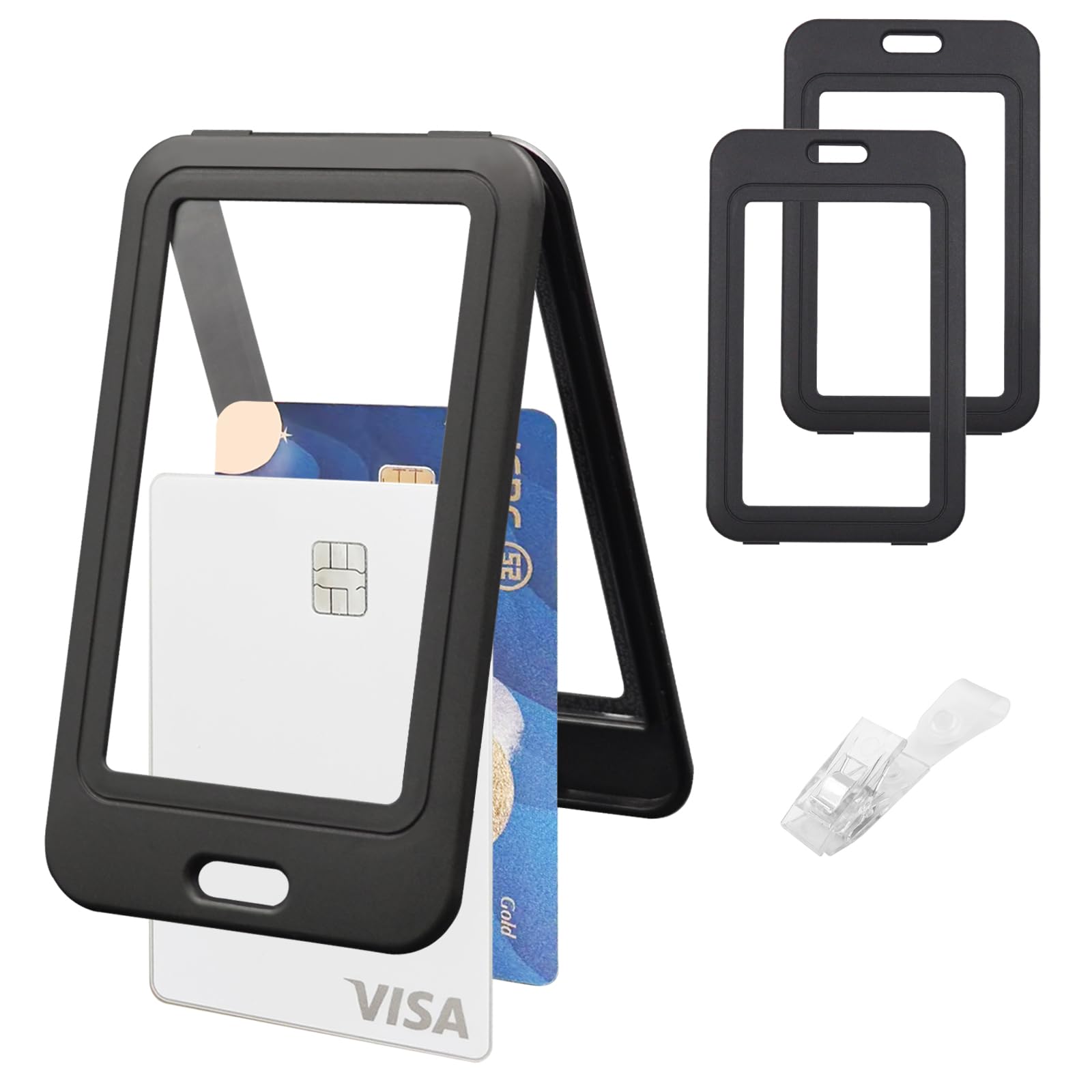 BOKOVNGEE ID Badge Holder with Plastic Clip, Double-Sided Transparent Windows Vertical Hard Black Plastic Case Waterproof Card Holder for Office