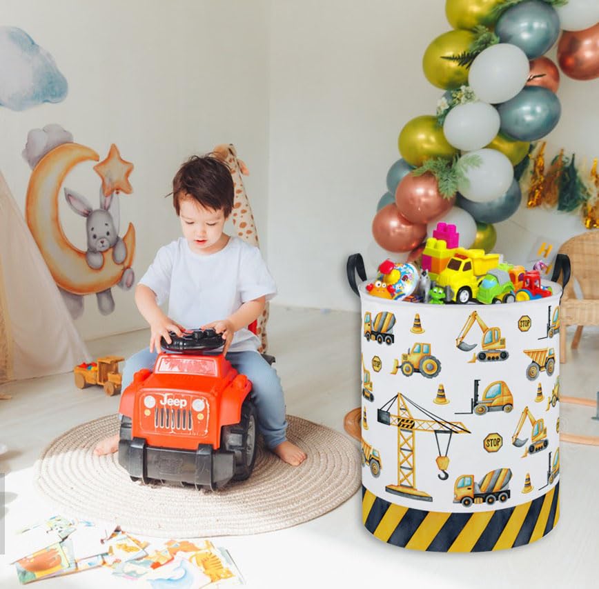 Image of ESSME Kids Laundry Basket,Car Hamper Collapsible Canvas Waterproof Storage Bin for Boys, Nursery Hamper,Gift Baskets,toy bins(Engineering vehicle)