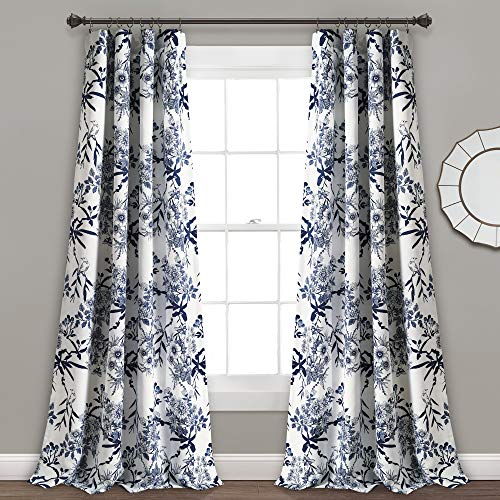 Lush Decor, Navy Botanical Garden Curtains Floral Bird Print Room Darkening Window Panel Drapes Set for Living Dining