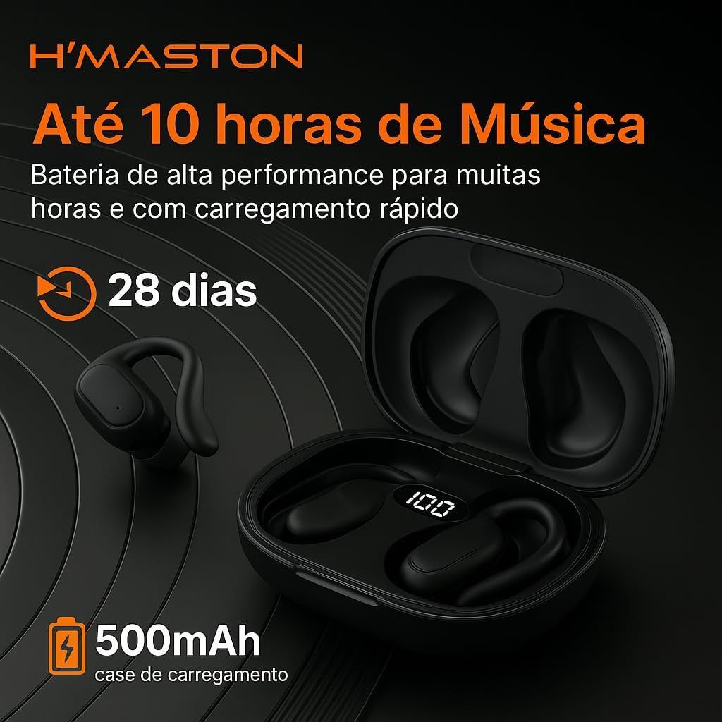 Fone de Ouvido Bluetooth Para Corridas, 96 Horas para Reprodução, Design Esportivo com Display de Led, Gancho De suporte Que Não Cai, Com Microfone Embutido, Perfeito Para Treinos e Exercicíos