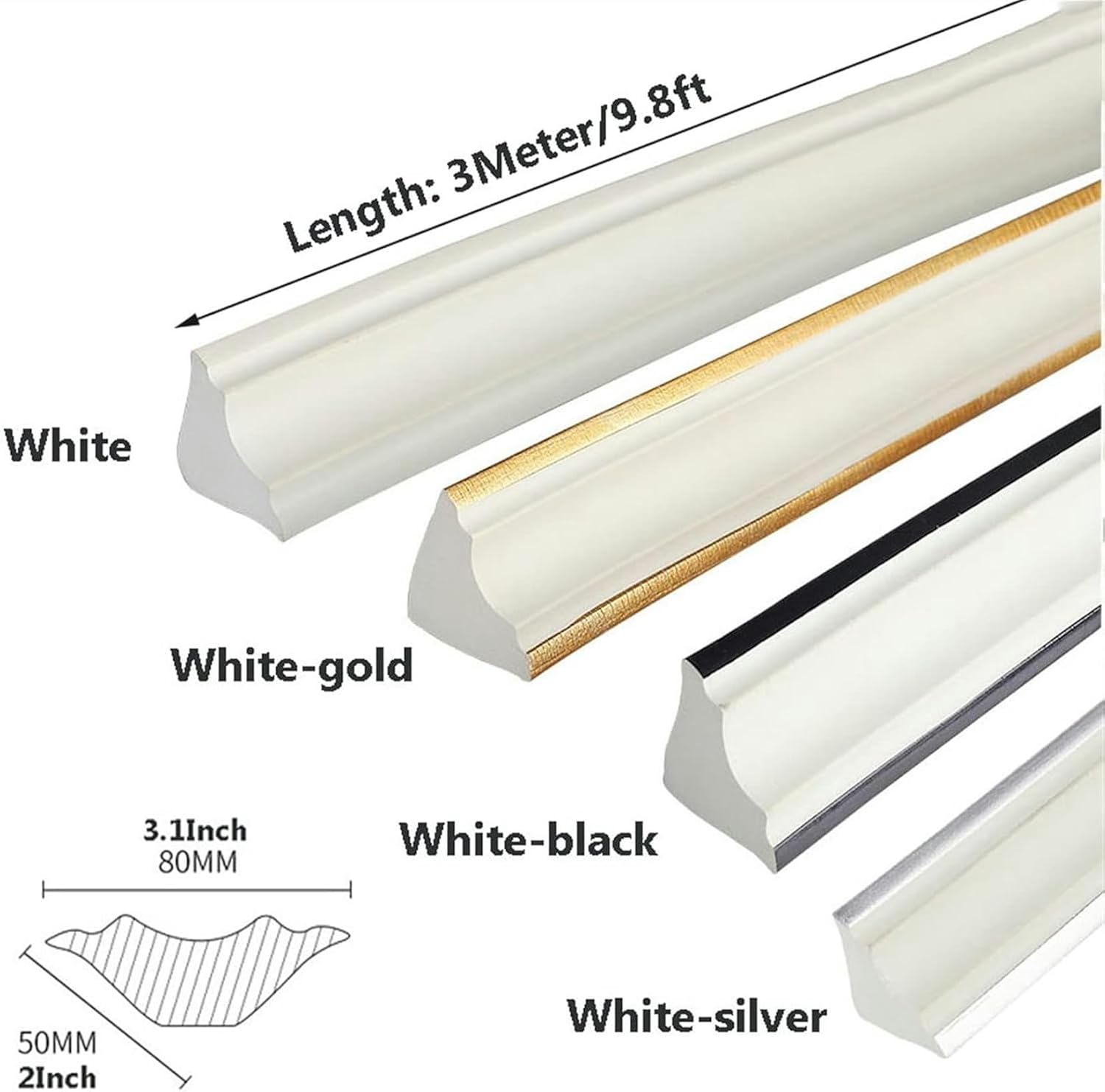 9.8ft Extra Large Self-Adhesive Quarter Round Trim Flexible Caulk Moulding Trim Strips Waterproof Caulk Strip Skirting Floor Edging Strip for Wall Corner, Floor, Ceiling, Tile Edge (Color : Creamy-Wh