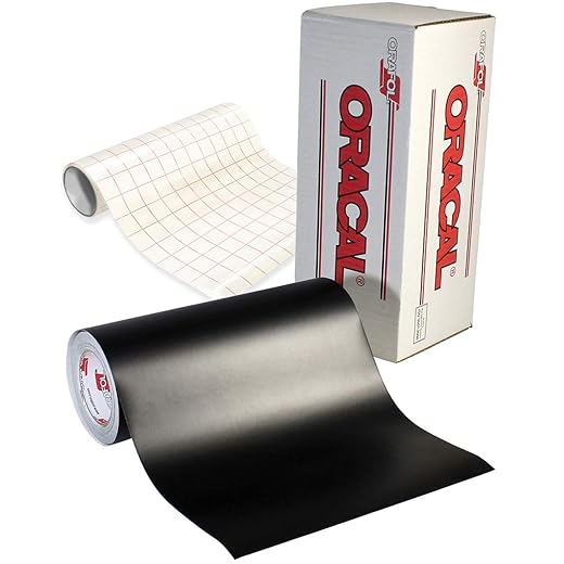 ORACAL 651 Black Matte Self-Adhesive Craft Vinyl 12 Inches x 6 Feet Roll Including Roll of Clear Transfer Paper