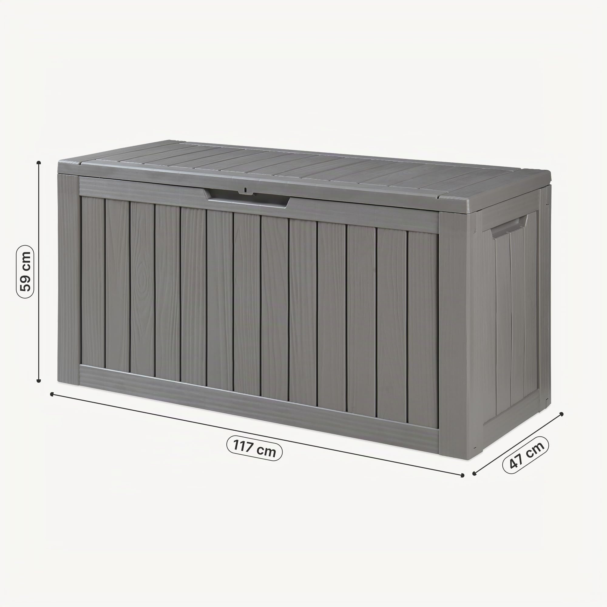 casa.pro Gartenbox Vades Aufbewahrungsbox mit Deckel 117 x 47 x 59 cm Auflagenbox Gartenkiste wetterfest Gartentruhe 300 L abschließbar Kissenbox outdoor Hellgrau, Holzoptik