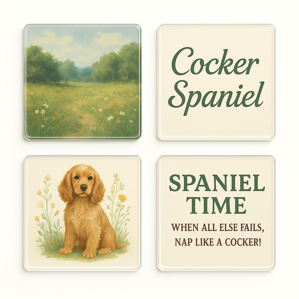 The Plum Penguin Cottage Spaniel Joy Acrylic Coaster Set Of 4 With Design - Whimsical Cocker Spaniel Art Home Decor For Dog Lovers