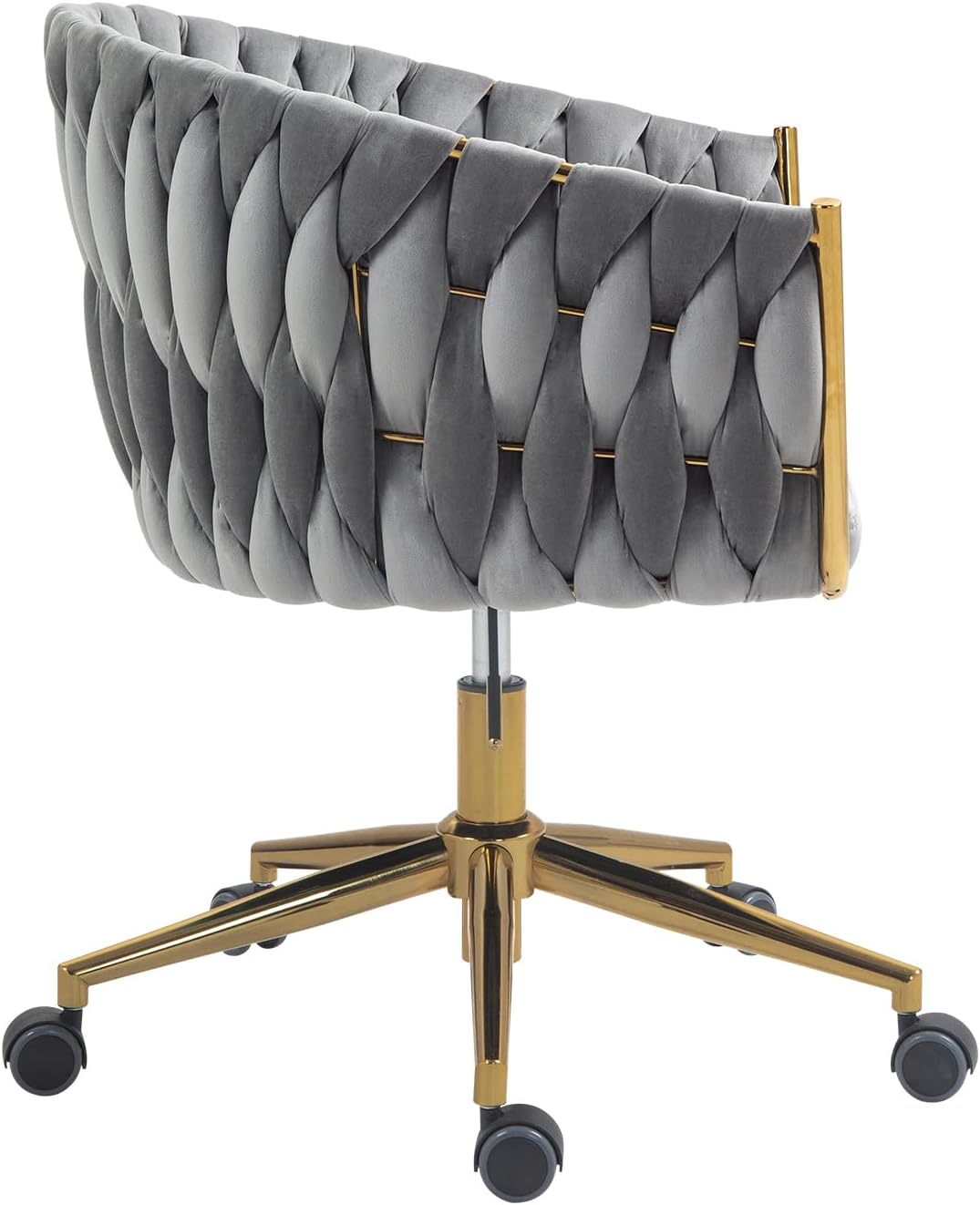 Warmiehomy Velvet Office Desk Chair with Hand Woven Backrest, Modern Swivel Vanity Chair with Gold Base Adjustable Computer Work Task Chair for Home Office Makeup Room, Grey