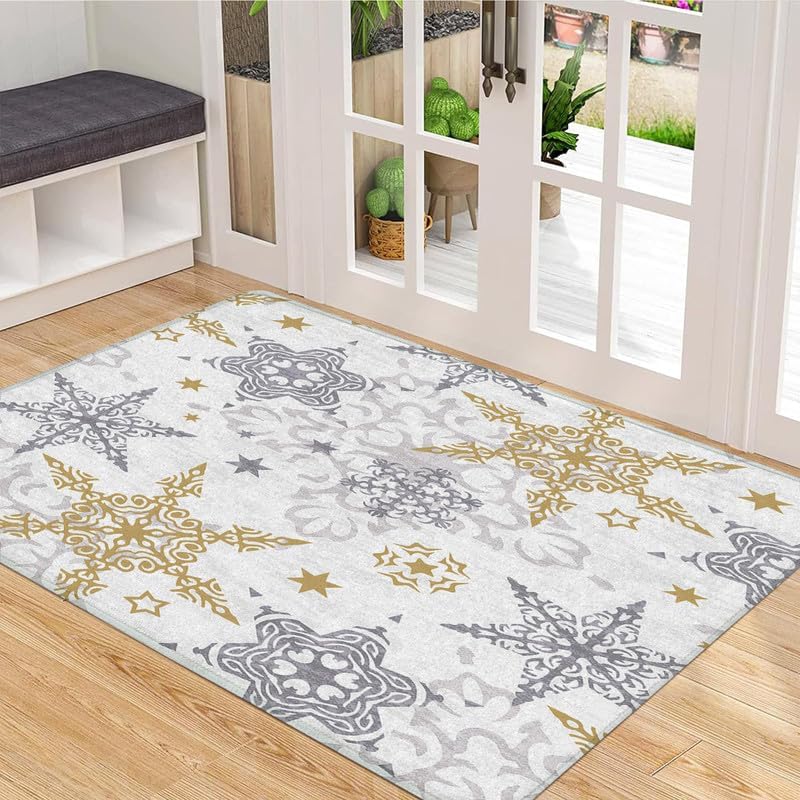 Christmas Washable Area Rug 2x3 ft Small Entryway Rugs for Bedroom Living Room, Non-Slip Low Pile Floor Carpet for Indoor Door Mat, Kitchen, Snowflake Printed Decorative Rug