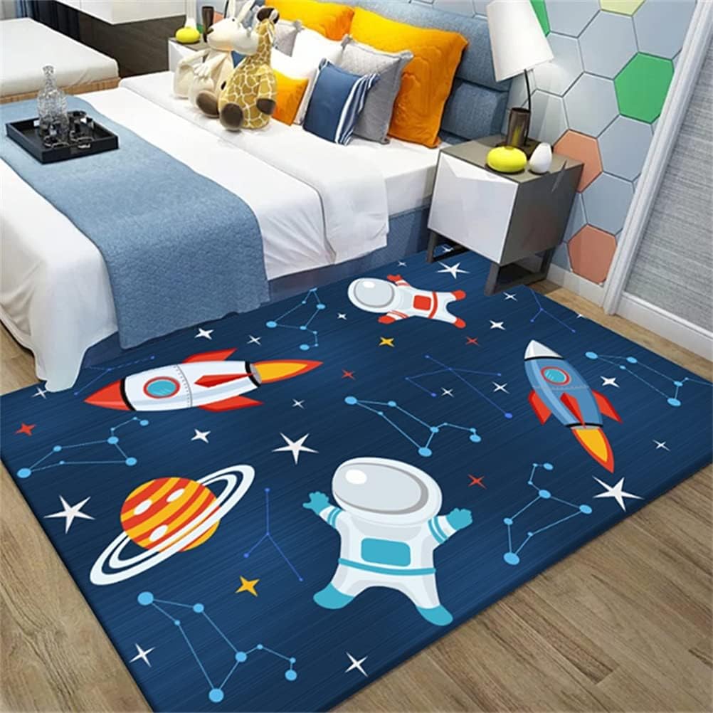 Judy1980 Children's Universe Planet Astronaut Living Room Mat Non-Slip Azul y Negro Carpets Children's Mat Lavable (80 x 160 cm)