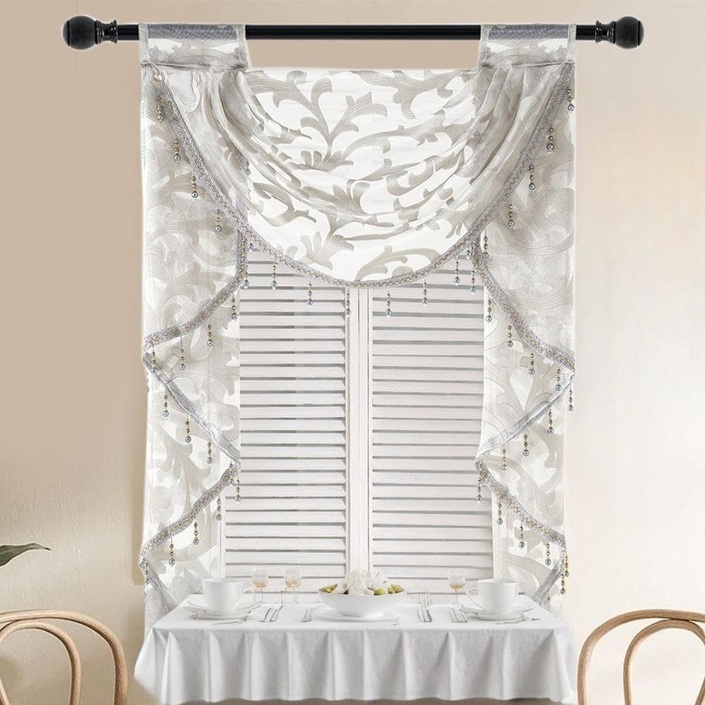 Sheer Waterfall Valances for Windows Swags Waterfall Valance Beaded Toppers Window Curtains for Living Room Tassel Valances for Kitchen White 60"x48" Inch(2 Swags)
