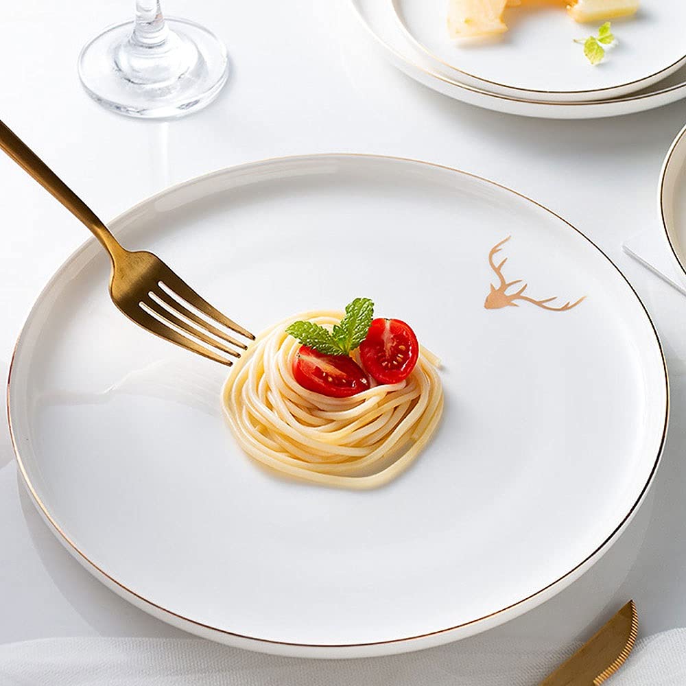 DNCG Platos de cerámica Platos llanos de porcelana con borde dorado for el hogar y el restaurante, plato redondo blanco de cerámica apilable, con platos con diseño de alce