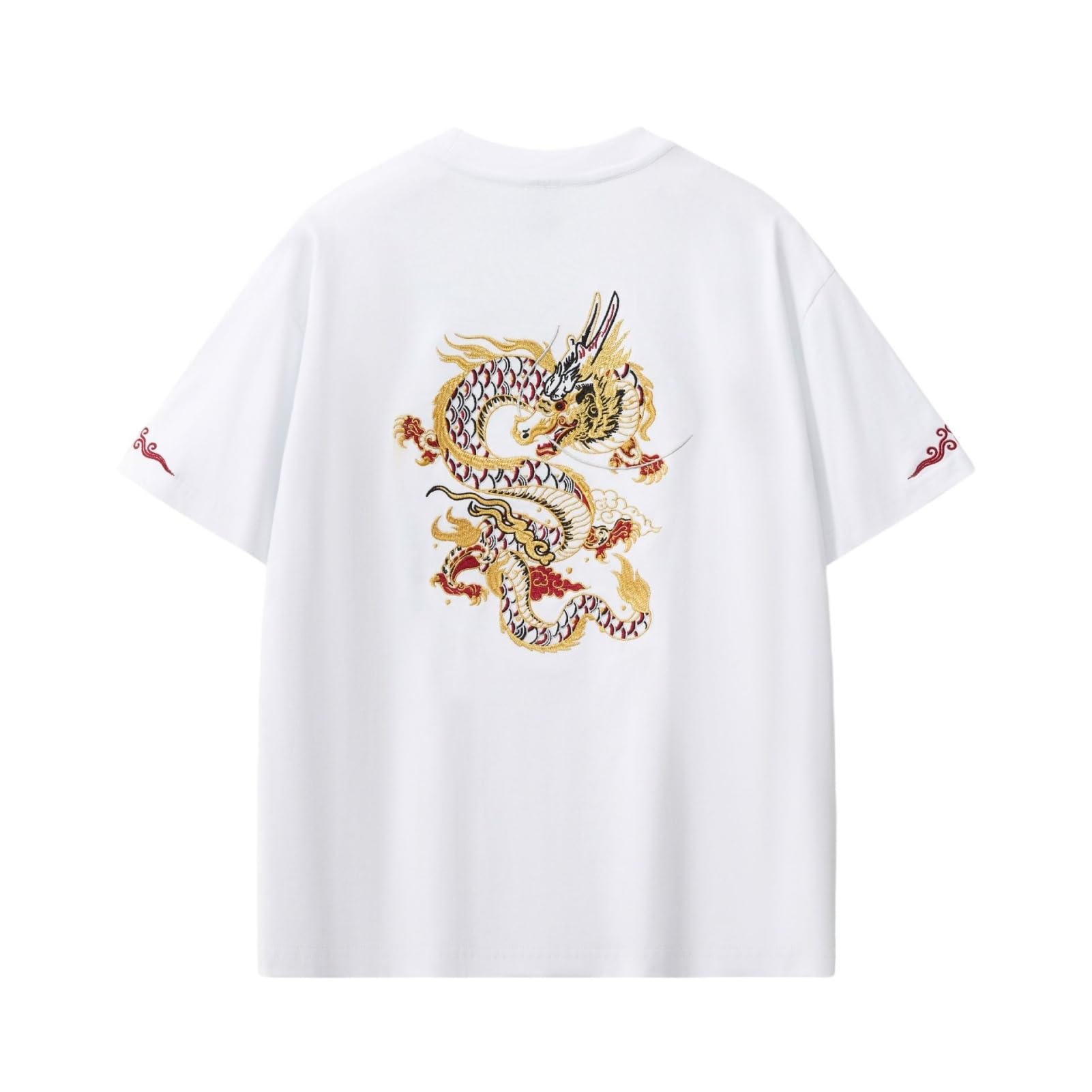 Męski bawełniany t-shirt z okrągłym dekoltem, haft smoka, przecięte ramiona, top z krótkim rękawem