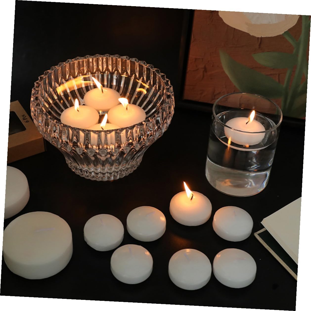 GLEAVI 6pcs Unscented Dripless Floating Tea Candles 4.5x2.5cm White Wax Votive Candles for Wedding, Birthday, Romantic Dinner, Pool and Outdoor Decoration