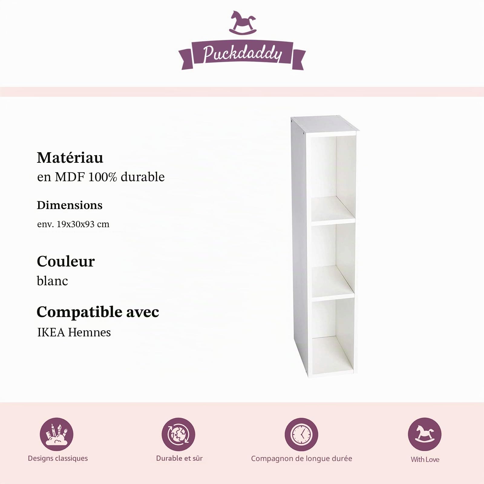 Puckdaddy Lasse | Étagère Compatible avec Les commodes IKEA Hemnes | 19x30x93cm | Etagère en Bois Blanc | Étagère de Commode pour Table à Langer | Etagère Table à Langer pour Chambre d'enfant