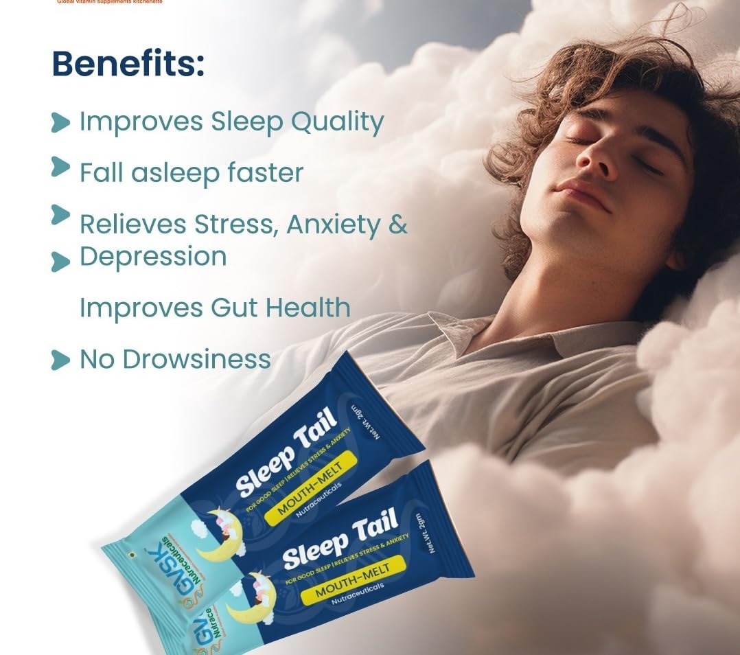 GVSK Sleep Tail Melt in Mouth Supplement for Adults – Natural Sleep Aid for Deep Sleep, Stress & Anxiety Relief with L-Theanine, Ashwagandha, Chamomile & Tart Cherry – Sugar Free, Vegan, Melatonin Free Sachets | 30 Sachets 1