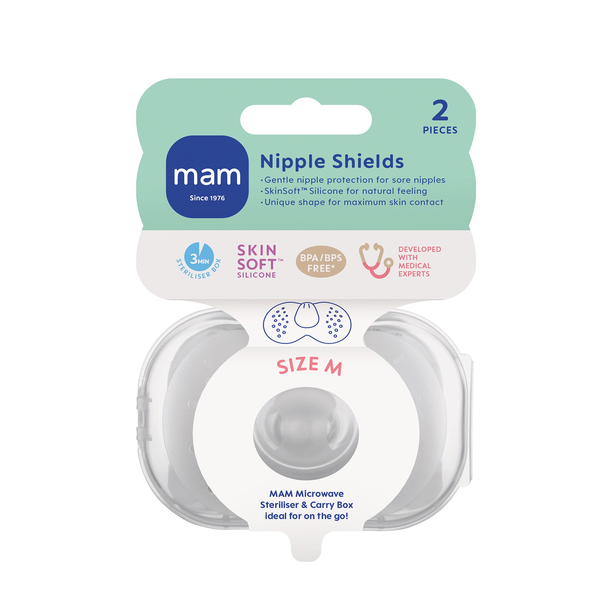 MAM Lot de 2 protège-tétons | Taille M | Livré dans un étui de voyage stérilisable | Silicone SkinSoft familier pour bébé | Protège et soutient l'allaitement