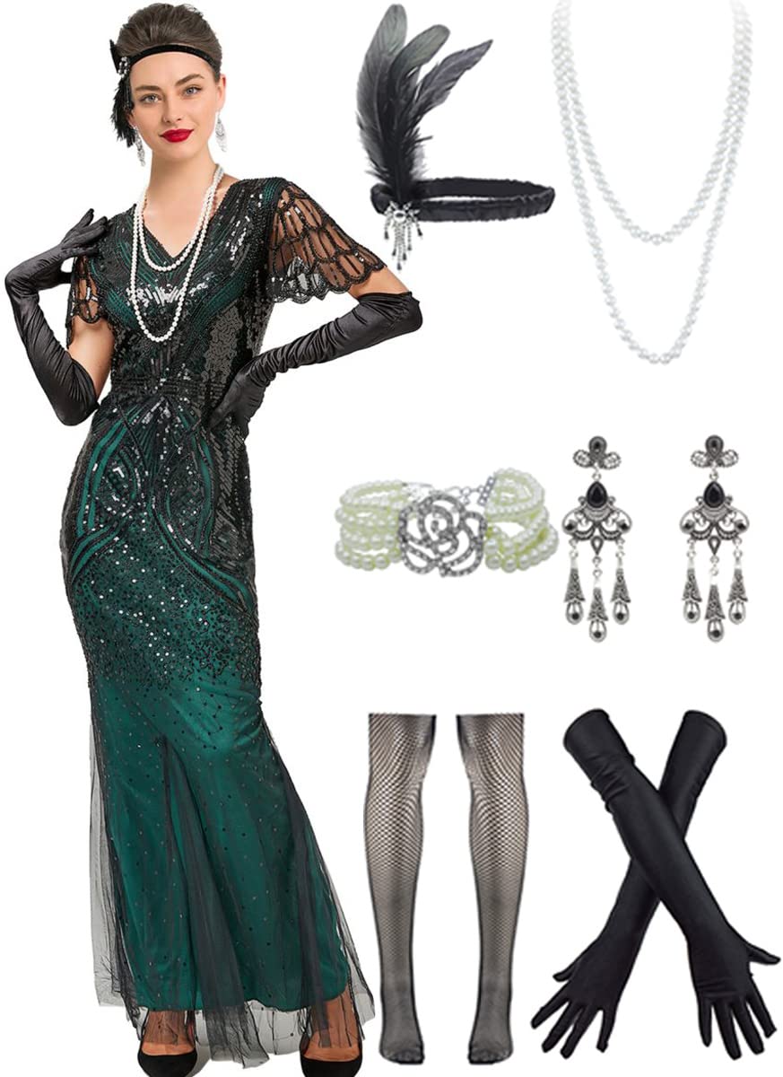 Women Evening Maxi Long Dress 1920s Sequin Mermaid Hem Wedding Prom Gown Costume w/ 20s Gatsby Accessories Set