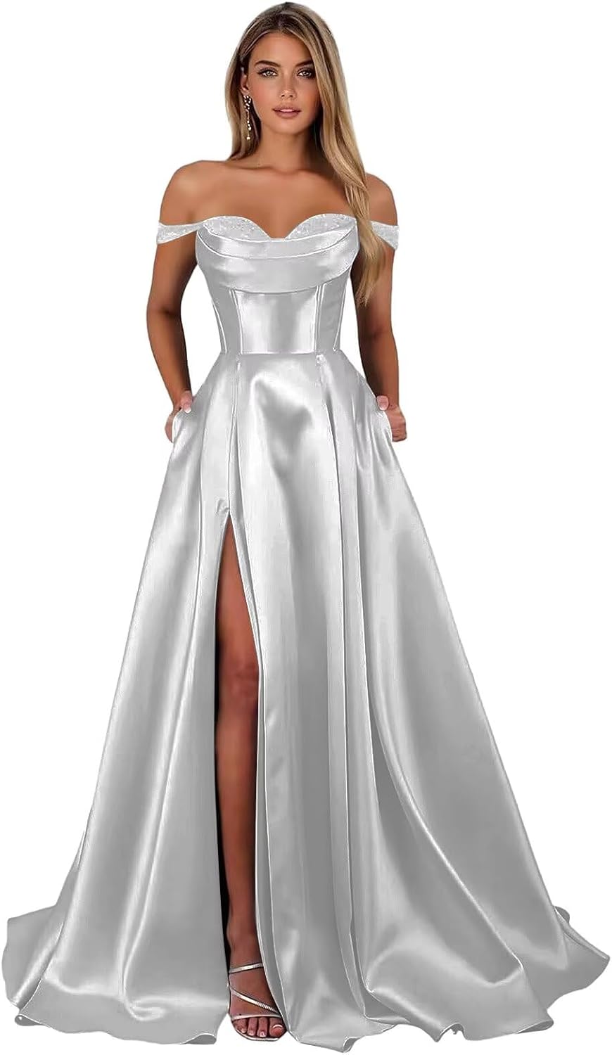 Fu Jiang Women's Off the Shoulder Satin Prom Dresses with Slit Long Pleated Formal Evening Gowns