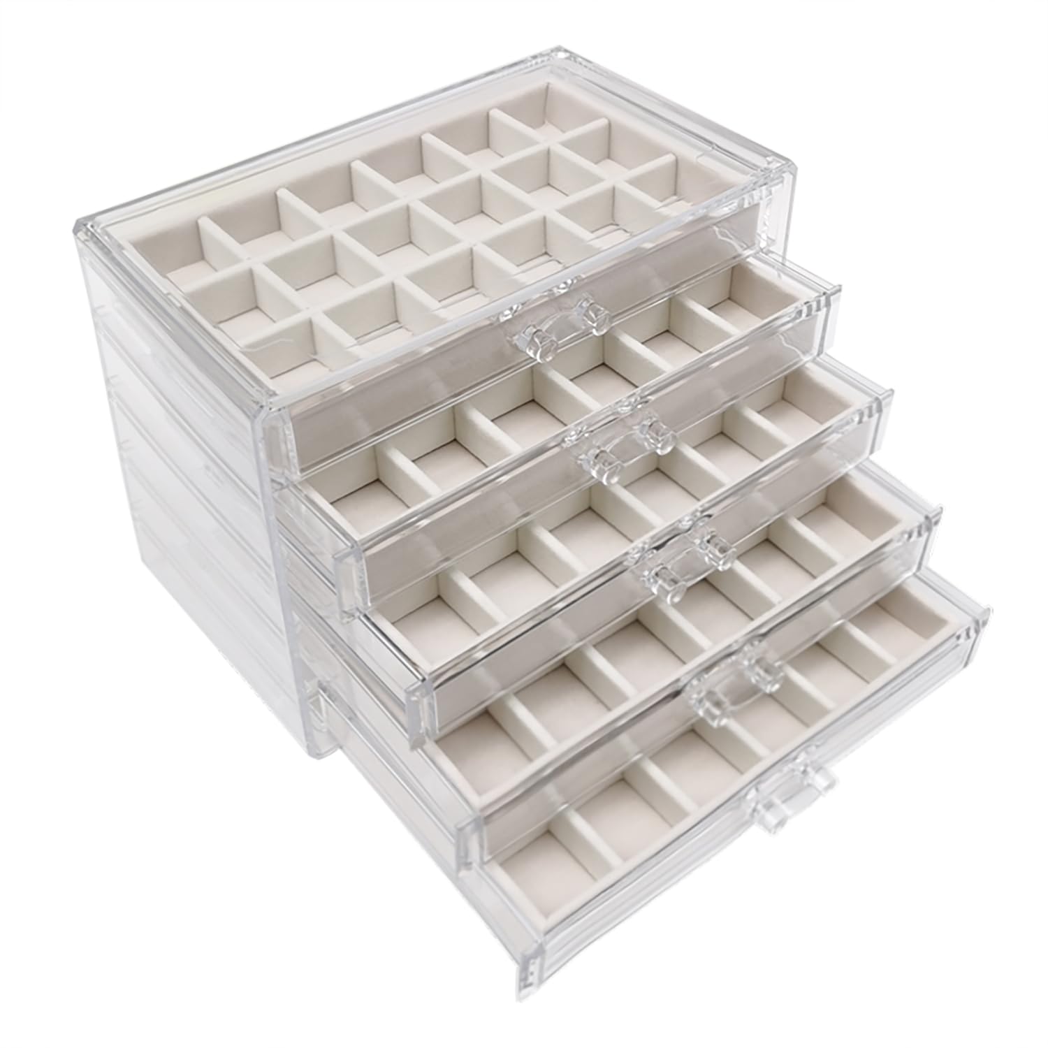 Sightday 5 Schubladen Ohrring Aufbewahrungs Schmuckkästchen,Acryl+Samt Schmuckaufbewahrung Schublade,Aufnehmbare Tabletts Jewelry Organizer für Schmuck Aufbewahrung,Halsketten,Ringe,Ohrringe(Beige)