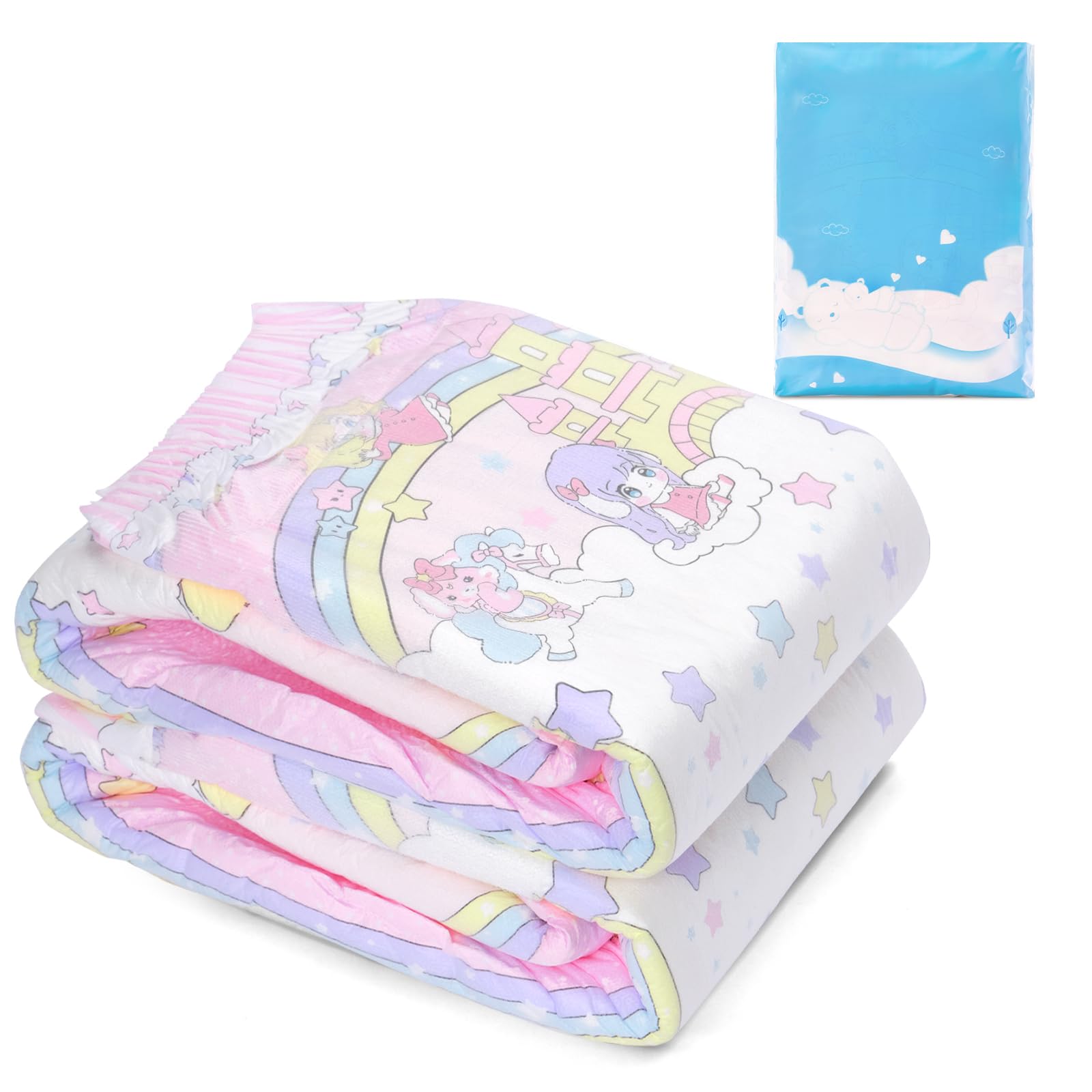 LittleForBig Ultra chłonne 7000 ml regulowane zapięcie na rzep tkaninowa pielucha z tylnym panelem z nadrukiem dla dorosłych 2 sztuki - Fairy Littles in Dreamland (duża 91 cm - 122 cm)