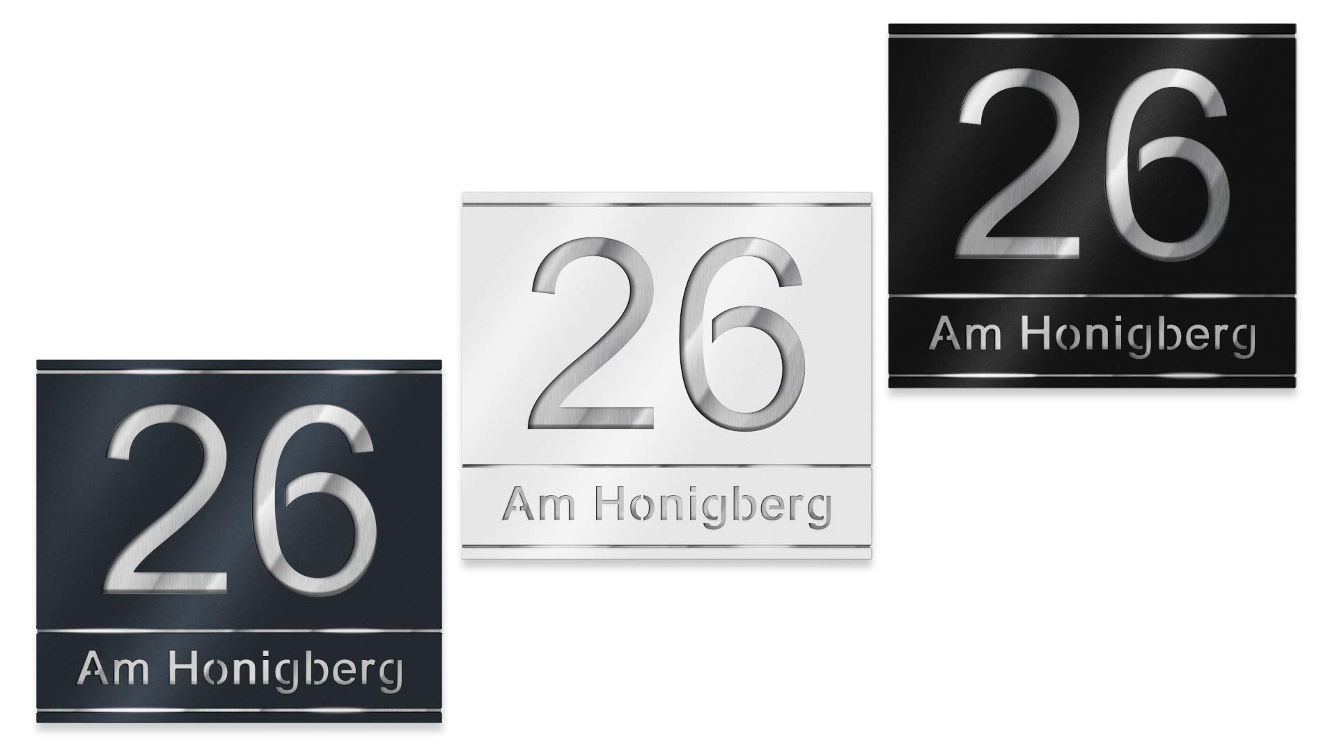 Metzler placa de número de casa en acero inoxidable, número personalizado en negro profundo con número y nombre de calle cortados por láser, inoxidable, efecto 3D, tamaño 38 x 33,7 cm