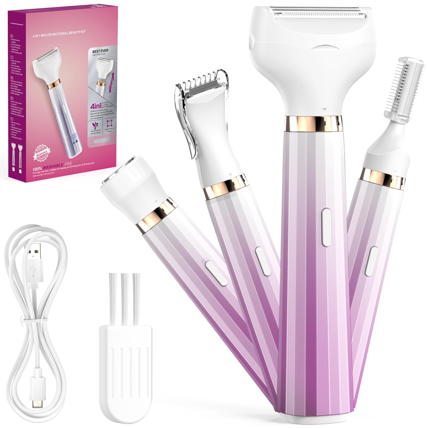 PKBD 4 in 1 Lady Shavers for Women with LED Battery Display, Bikini Trimmer Women, Electric Razor for Woman's Body, Legs, Pubic Hair, IPX6 Waterproof & Rechargeable, Portable Wet and Dry, Purple-picture-37