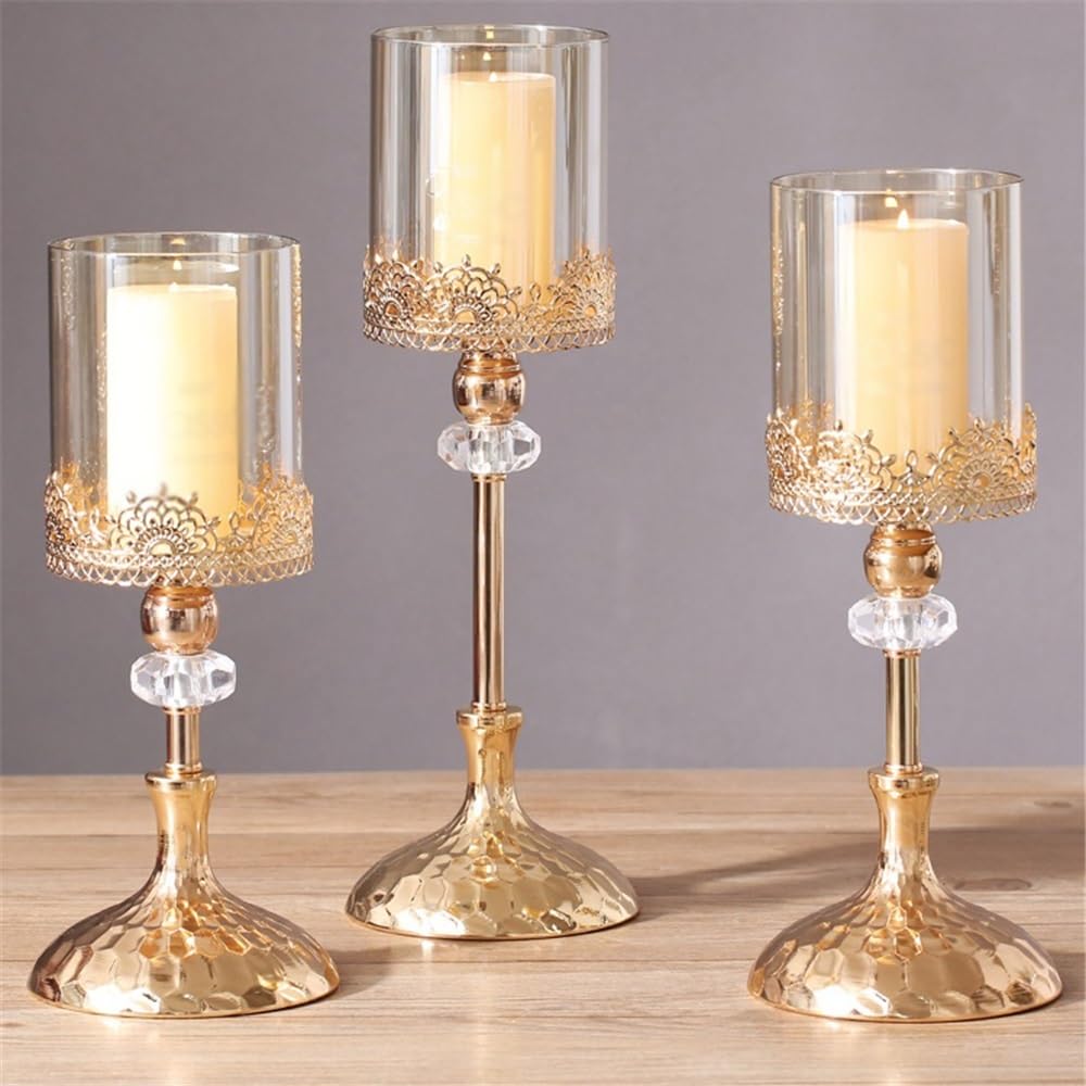 Portavelas Decoración de Mesa Comedor con candelabro Cristal y Metal Dorado Decoración(Pequeño)